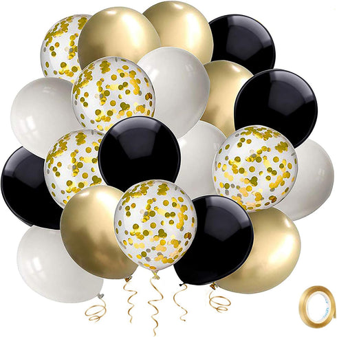 Black and Gold Confetti Balloons, 50 Pack 12inch White Latex Party Balloon Set with Gold Ribbon for New Year Graduation Birthday Baby Shower Decor...