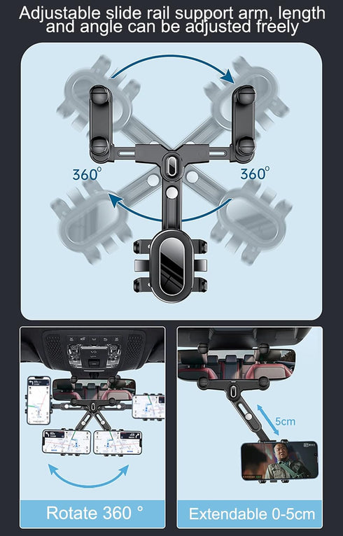 360°Rotatable and Retractable Car Phone Holder, Multifunctional Adjustable Mount, Universal Rearview Mirror Phone Holder for All Mobile Phones (Fo...
