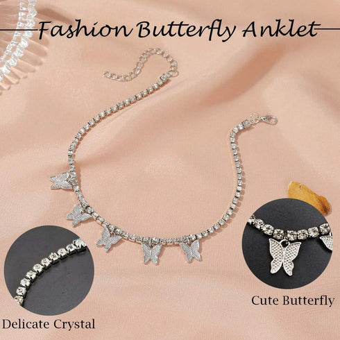 Butterfly Crystal Anklets Women Sparkly Diamond Ankle Bracelets Butterflies Pendant Bracelet Rhinestone Foot and Hand Chain Jewelry (Silver)...