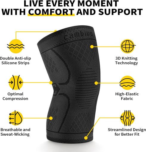CAMBIVO 2 Pack Knee Brace, Knee Compression Sleeve for Men and Women, Knee Support for Running, Workout, Gym, Hiking, Sports (Black,Large)...