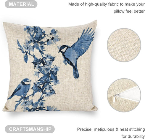 Chinoiserie Pillow Cover Blue Cherry Blossom and Birds Cotton Linen Decorative Throw Pillow Case Cushion Cover for Bedroom Sofa Living Room Couch ...