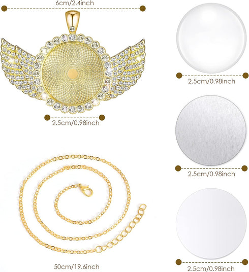 Hicarer 60 Pcs Sublimation Angel Wing Jewelry Blanks Set Rhinestone Bezel Pendant Trays Glod and Silver Sublimation Necklace Blank with Chain Set ...