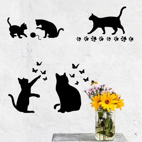 FINGERINSPIRE 4 Pcs Cat Butterfly Stencil 11.7x8.3 inch A4 Size Cat Playing Ball of Yarn Stencil Reusable Large Vinyl Template for Painting on Woo...