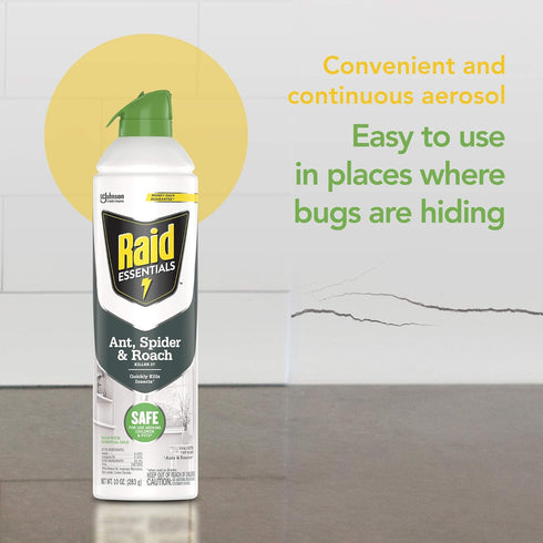Raid Essentials Ant Spider, and Roach Killer Aerosol Spray, Child & Pet Safe, Kills Insects Quickly, for Indoor Use, 10 oz...