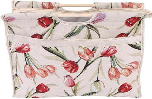Knitting Tote Bag,Exquisite Practical Wood Handle Woven Fabric Storage Bag for Knitting Needles Sewing Tools(Red Flower)...