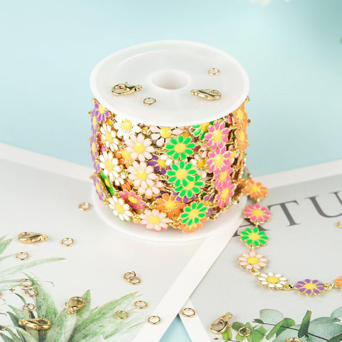 YOUBEIYEE 3M Gold Plated Brass Chain for Jewelry Making Mixed Color Enamel Daisy Flower Chain Necklace Bracelet DIY for Women Jewelry Supplies...
