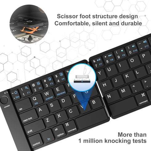 Foldable Bluetooth Keyboard - Portable Wireless Keyboard with Rechargeable Full Size Ultra Slim Folding Keyboard Compatible iOS Android Windows Sm...