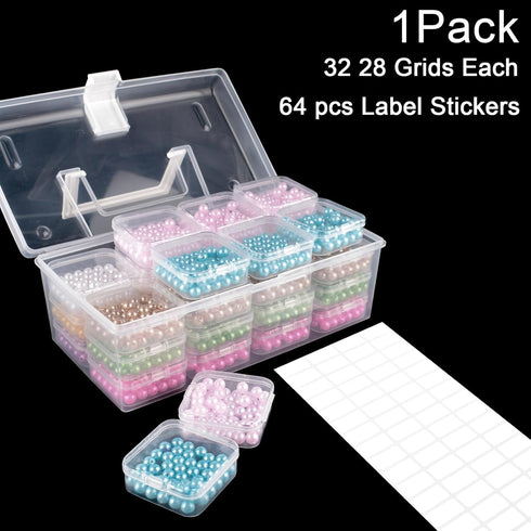Craft Organizer Upgraded 32 Piece Small Bead Organizer and Storage Plastic Box, Mini Clear Bead Organizer, Clear and Stackable with Label Stickers...