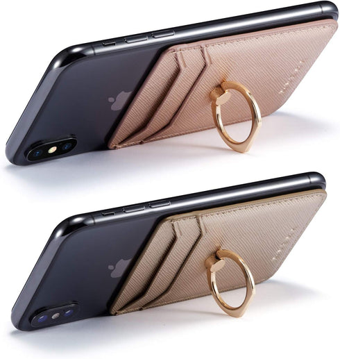 BIAJIYA Cell Phone Card Holder RFID Ring Stand Stick on Wallet Pu Leather Card Holder for Back of Phone for iPhone Android and All Smartphones (Ro...