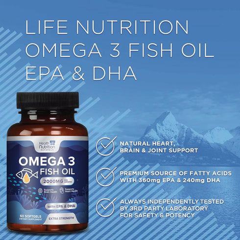 Omega 3 Fish Oil Triple Strength 2000 mg Softgels, Omega-3 Supplements, Natural Brain Heart Joint Health & Immune Support - Fatty Acids with EPA &...