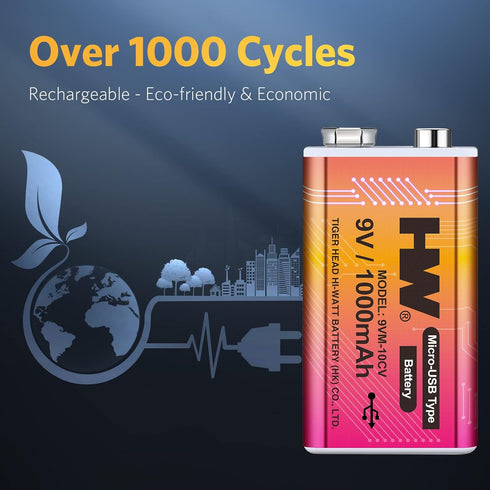 HW 9V Li-ion Rechargeable Battery, 9 Volt/1000mAh(9000mWh) Long Lasting Rechargeable Batteries with Micro-USB, 1000 Cycles Charge, 1.5 Hrs Fast Ch...
