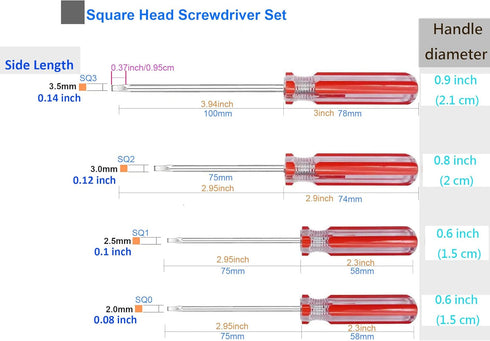 Square Head Screwdriver Set 4 Sizes, SKZIRI 4PCS Square Screwdriver Tool Kits Magnetic Tips SQ0 SQ1 SQ2 SQ3...