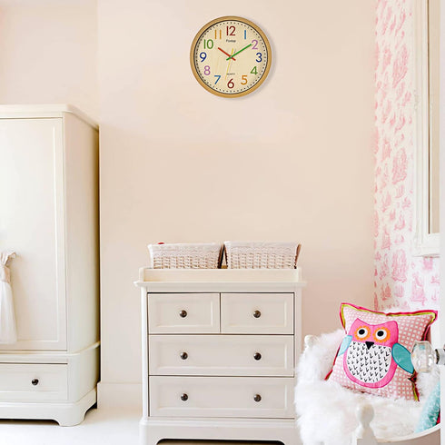 Foxtop Silent Kids Wall Clock 12 Inch Non-Ticking Battery Operated Colorful Childrens Clock for Classroom Playroom Nursery Bedrooms Kids Room Scho...