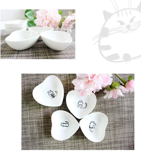 Cute Cat Ceramic Side Sauce Dishes Mini Heart shape Seasoning Dish, Sushi Soy Dipping Bowl,Serving Saucers Dishe,Meow Porcelain Small Tea Bag Hold...