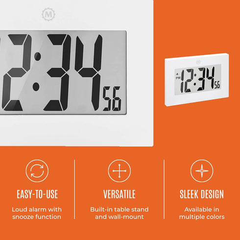 MARATHON Large Digital Wall Clock with 8” Display, White - Easy to Read...