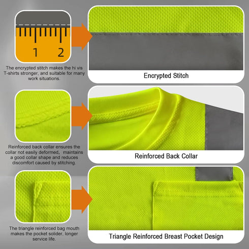 High Visibility Shirts for Men Class 3 Construction Shirts with Pocket, Hi Vis Reflective Safety Work Shirts for Men Women, Short Sleeve with Blac...