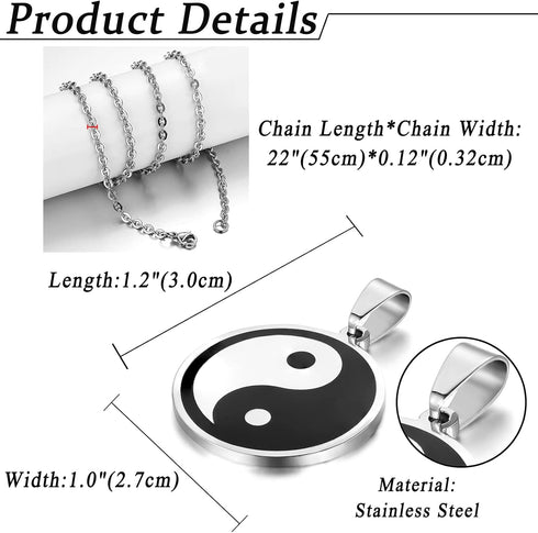 Flongo Men's Vintage Stainless Steel Black Silver Yin Yang Pendant Necklace, 22 inch Chain, Tai Chi Yin Yang Pendant Balance Symbol Necklace...
