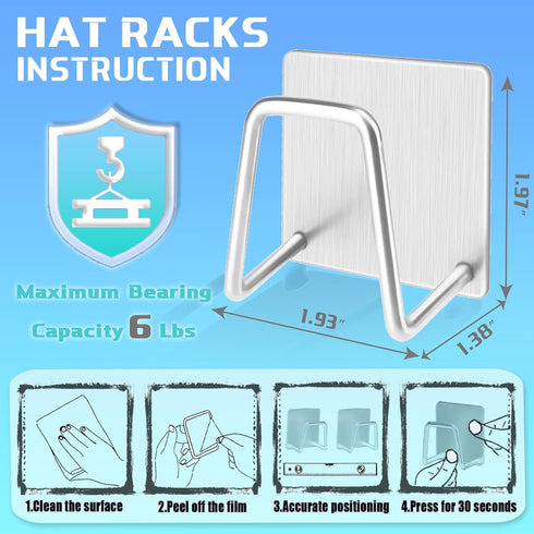 Hat Rack for Wall Hat Organizer (6-Pack), Metal Hat Racks for Baseball Caps, Adhesive Hat Hooks for Wall, No Drilling Hat Hangers for Closet Hat H...