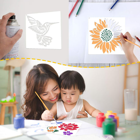 16 Pieces Flower Stencil for Painting Bee Sunflower Butterfly Spring Stencil Large Template Reusable Summer Painting Stencil and Metal Open Ring f...