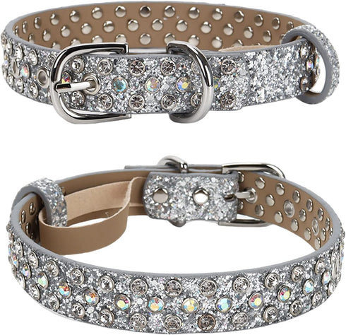 Rhinestone Dog Collar, Bling Diamond Pet Collars with Leash Adjustable, Dazzling Sparkly Crystal Studded Microfiber Leather Spiked Puppy Collar Cu...