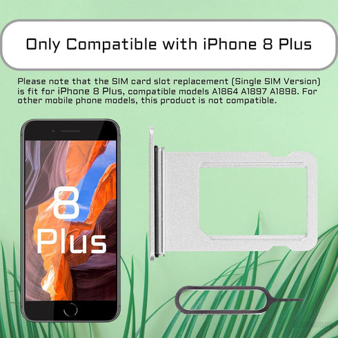 for iPhone 8 Plus Silver SIM Card Slot Replacement Single SIM Version 8Plus Single Card Tray Holder Adapter with Waterproof Rubber Ring Card Remov...