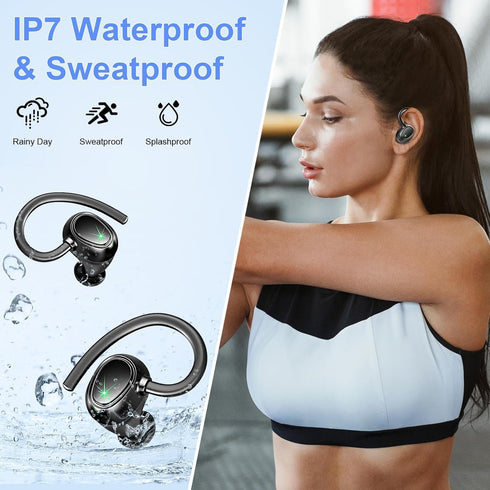 Wireless Earbud Sport, Wireless Headphones Bluetooth 5.3 Over Ear IP7 Waterproof, In Ear Wireless Earphones Sports with Dual LED Display, Bass Ove...