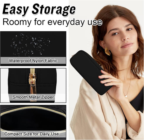 Nylon Small Makeup Bag Slim Pouch, Preppy Cute Makeup Brush Bag Black Makeup Bag Cosmetic Zipper Pouch for Purse, Waterproof Travel Toiletry Bag C...