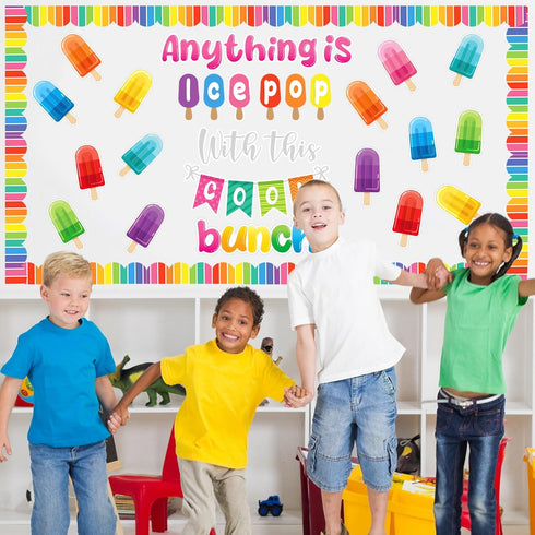 53 Pcs Summer Bulletin Board Decorations Set Ice Pop Classroom Decor Ice Lolly Paper Cutouts with Bulletin Board Borders for Summer Ice Cream Part...