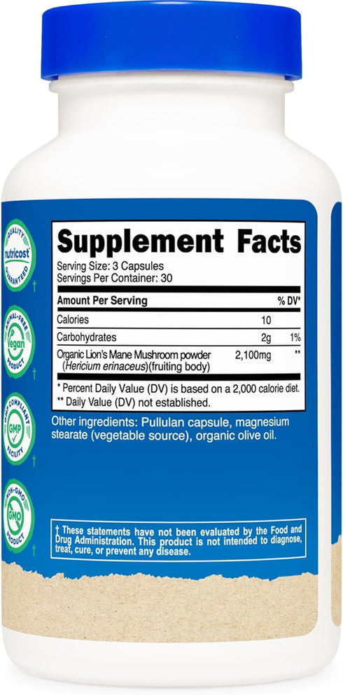 Nutricost Lion's Mane Mushroom Capsules 1650mg, 30 Servings - CCOF Certified Made with Organic, Vegetarian, Gluten Free, 550mg Per Capsule, 90 Cap...