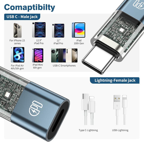 Male USB-C to Female Lightning Charger Adapter,2-in-1 100W PD Charging + Data Sync,Lightning to USB C Converter Connector for iPhone 15 Pro Max Pl...