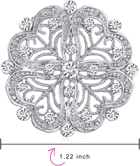 Large Fashion Statement Sparkling Party Rose Flower Shape Open Pave Crystal Wedding Brooch Scarf Pin For Women Silver Tone Rhodium Plated...