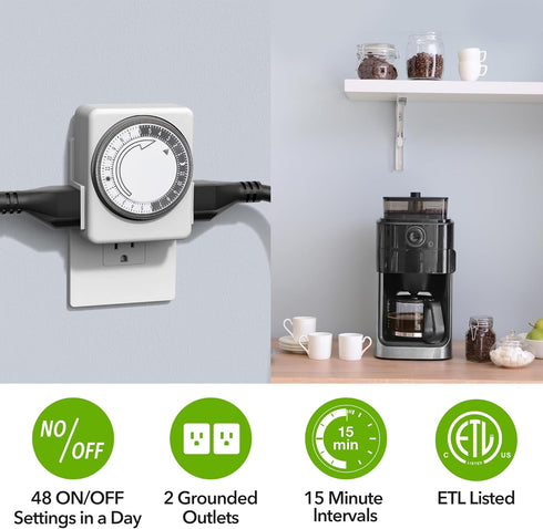 HBN Indoor Timers for Lamps,24 Hour Plug-in Mechanical Indoor Timer for Electrical Outlets,Dual Outlets,15 Minute Intervals,Light Timer for Indoor...