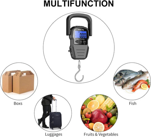 HEETA Fish Scale with Backlit LCD Display, Up to 110lb/50kg Digital Portable Hanging Fish Weight Scale with Hook & Measuring Tape for Home, Farm, ...