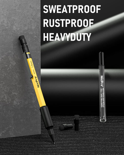Nicpro 1.3 mm Mechanical Pencil Set with 12 Lead Refill, Eraser - Weatherproof Metal MP2000 Heavy Duty Carpenter Pencil for Outdoor Marking Drafti...