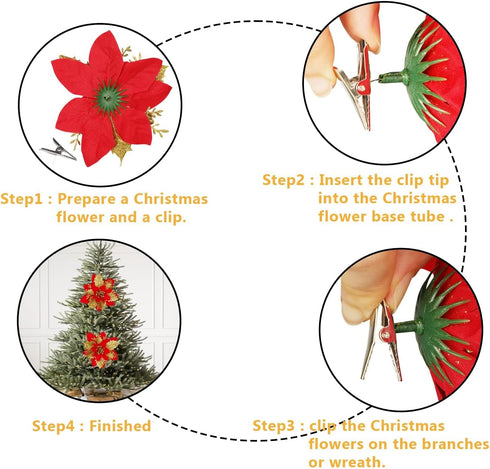 Sawowkuya 15 Pcs Red Gold Poinsettia Artificial Flowers Glitter Artificial Christmas Flowers Decorations with Clips for Xmas Tree Ornaments Weddin...
