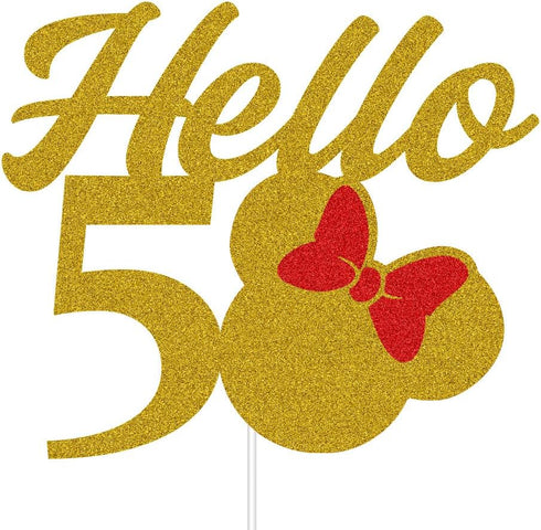 Mouse Inspired Hello 50 Cake Topper for 50th Birthday/Wedding Anniversary Party Decorations Supplies Gold and Red Glitter...