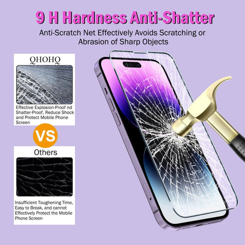 QHOHQ 3 Pack Screen Protector for iPhone 14 Pro Max 6.7 Inch with 3 Pack Tempered Glass Camera Lens Protector, Ultra HD, 9H Hardness, Scratch Resi...