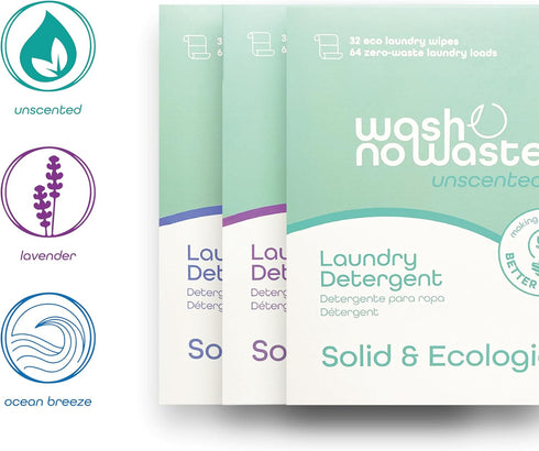 Wash No Waste - Laundry Detergent Strips - 64 Washes - Hypoallergenic, Softening, Powerful Cleaning - Vegan and Cruelty-Free - Plastic-Free - Biod...