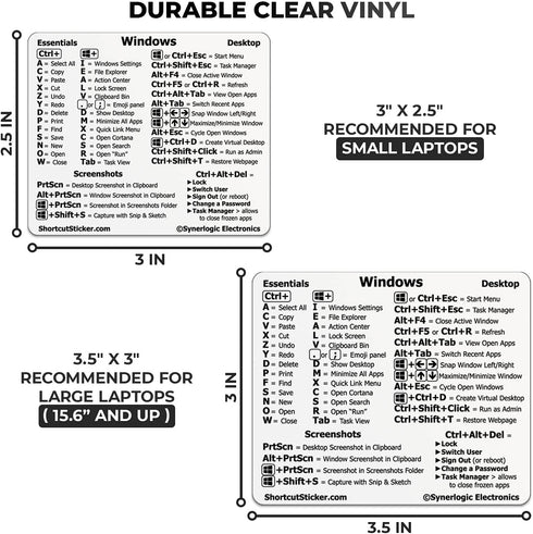 SYNERLOGIC Windows + Word/Excel (for Windows) Quick Reference Guide Keyboard Shortcut Stickers, No-Residue Vinyl (Clear/Small/Combo/5sets)...