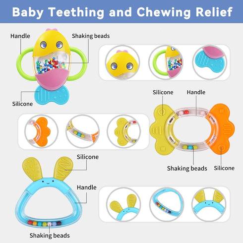 MOONTOY Baby Rattles Teether Set Toys for 0 1 2 3 4 5 6 7 8 9 10 11 12 Month Old Baby Boy Girl, 9PCS Baby Toys Sensory Toys Early Development Newb...
