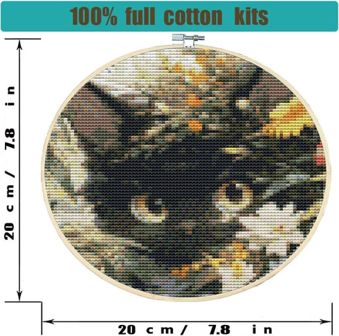 Stamped Cross Stitch Kits with Frame - Black Cat Flower Embroidery Kits for Beginners Adults,11 CT Patterns Dimensions Counted Cross Stitch Kits A...