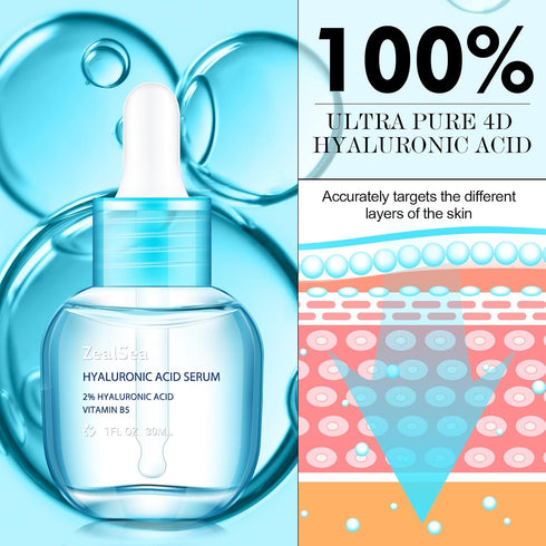 ZealSea 2% Pure Hyaluronic Acid Serum for Face with Vitamin B5 Hydrating Serum to Smooth Skin Deep Moisturizing Face Serum for Women Anti-Aging Fa...
