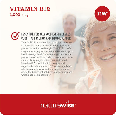NatureWise Vitamin B12 1000 mcg - B12 Vitamin Supplement for Supporting Energy Levels, Mental Clarity, Nervous System Health - Easy-to-Swallow, Gl...