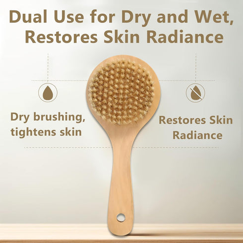 Dry Bath Body Brush with Short Handle, Natural Bristles Back Scrubber, Anti-Slip Wooden Handle for Exfoliation, Blood Circulation, and Cellulite R...