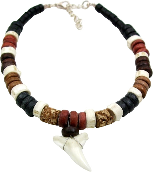Genuine Mako Shark Tooth Anklet, Handcrafted Wooden Beads Anklet for Women Men Surfer Jewelry DA314-K...