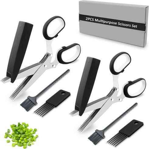 Herb Scissors, 2 Pack Herb Shears with 5 Blades and Cover, Multi Blade Kitchen Scissors for Cutting, Shredding and Cooking Cilantro Onion Salad Ga...