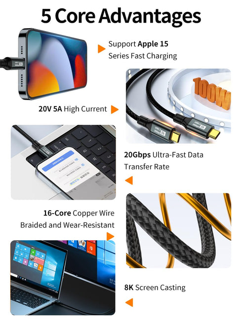USB-C Cable, 6.6FT, 100W PD Fast Charging, 20Gbps Data Transfer, 8K Video Output, Compatible with iPhone 15, MacBooks, iPad, Galaxy, Pixel, and Mo...