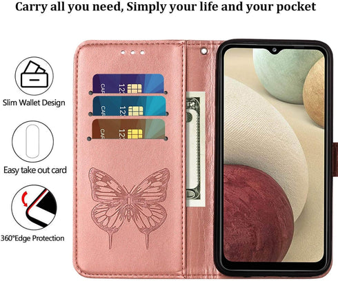 for Galaxy A12 Flip Cover Phone Case Rose Gold | Wallet, Butterfly Floral Embossed, Wrist Strap, Card Holder Slots, Stand, Leather, Protective...