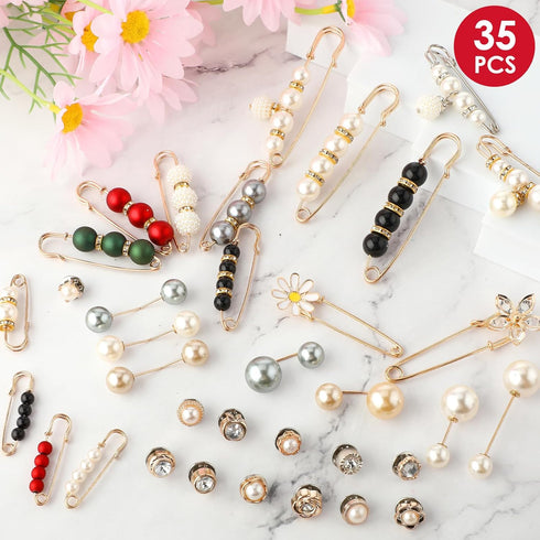 35PCS Pearl Brooch Pins, Safety Pins for Women No Sewing Pant Waist Tightener Cover Up Buttons Sweater Shawl Hat Clip Neckline Pins Double Faux Pe...