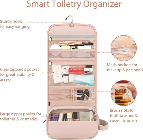 Fintie Portable Toiletry Cosmetic Travel Bag, Large Water Resistant Hanging Makeup Organizer Storage Pouch Case for Women Girls, Pink...